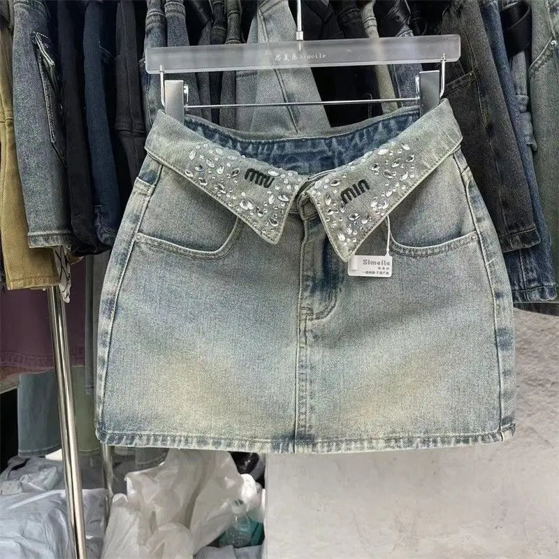 Diamond Denim Skirts Embroidery Lapel Slim Fitting Korean Street Casual A-Line Fashion High Waist Denim Miniskirt Women Hot Girl