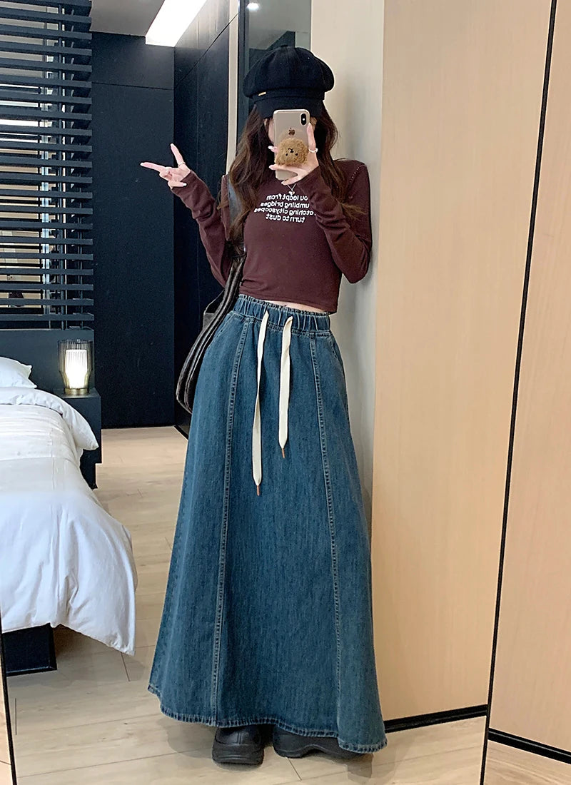 S-XL 2Colors Long Denim Skirt 2024 korean style High Elastic Waist Lace Up A Line Ball Grown Long Jeans Skirts Style (L60098