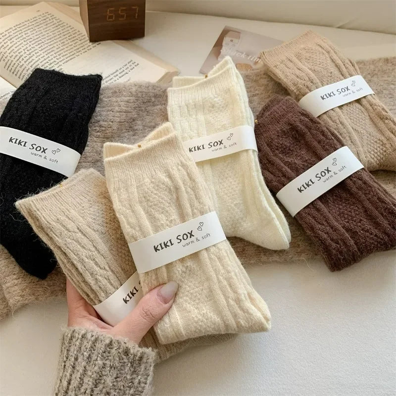 Winter Women's Socks Cashmere Wool Thickened Warm Middle Tube Socks Japanese Fashion Harajuku Solid Color Soft Warm Sleep Sock