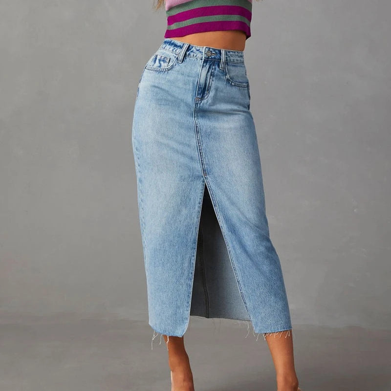 Solid Color Casual Loose Denim Long Skirts For Women 2024 Summer Vintage Women's Midi Jeans Skirt Elegant Fashion Female Skirts
