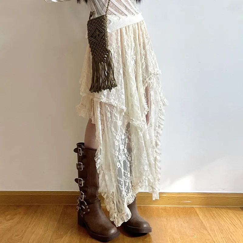 Deeptown Lace Asymmetrical Skirt Fairycore Women Vintage Y2K Boho Aesthetic Fashion High Waist Mid Skirts Lady Holiday Outfits