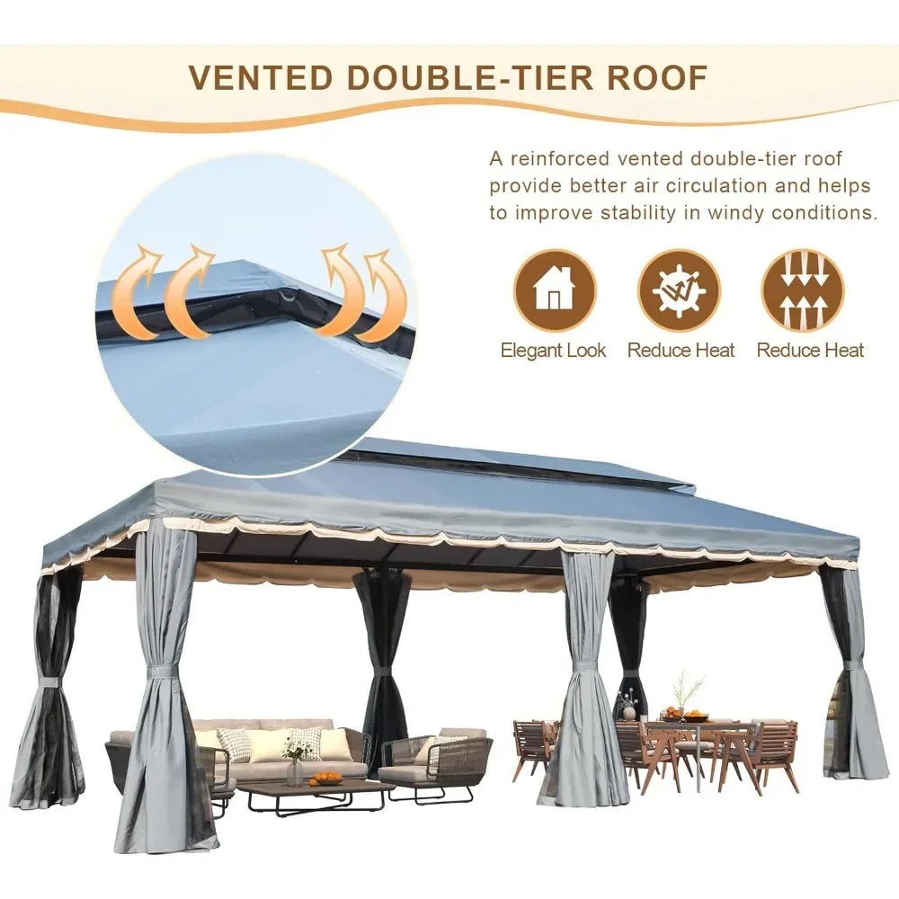 10x20 Gazebo, Double Roof Patio Gazebos Steel Frame with Netting and Shade Curtains for Outdoor Canopy Garden, Patio Gazebo