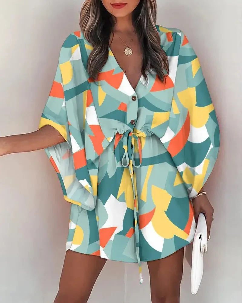 Chic Summer V-Neck Lace-Up Print Beach Dress - Stylish Mini Dress for Women