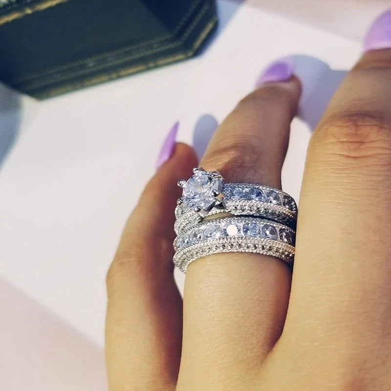 Exquisite Fashion New Design Silver Color Zircon Wedding Ring Set for Women Engagement Finger Anniversary Gift Banquet Jewelry