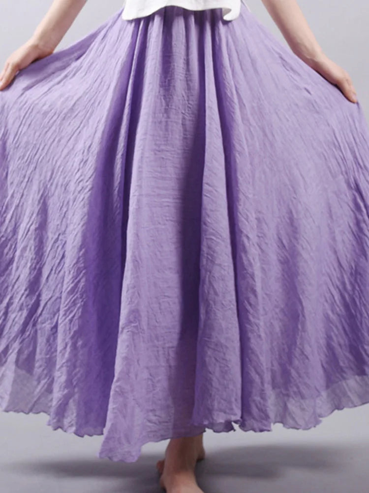 Women's Elegant High Waist Linen Maxi Skirt 2022 Summer Ladies Casual Elastic Waist 2 Layers Skirts saia feminina