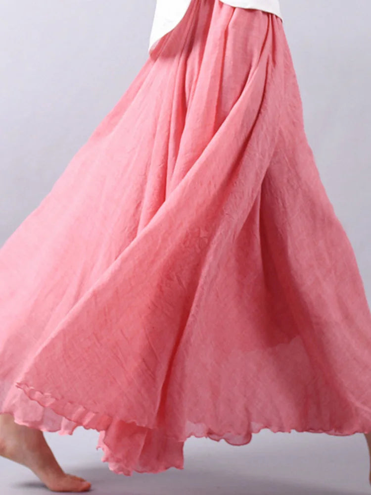 Women's Elegant High Waist Linen Maxi Skirt 2022 Summer Ladies Casual Elastic Waist 2 Layers Skirts saia feminina