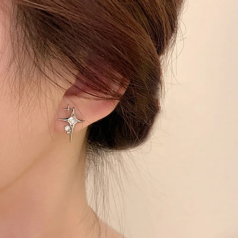 2023 Fashion Silver Color Cross Star Zircon Stud Earrings for Women Girl Korean Four-Pointed Star Personality Earring Jewellery