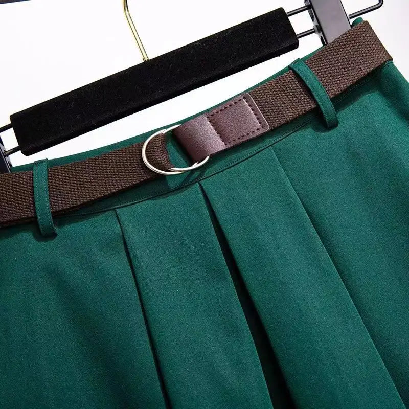 2024Women's Spring and Autumn New Fashion Simple Solid Color Belt Casual Versatile A-line High Waist Mid Length Half Skirt