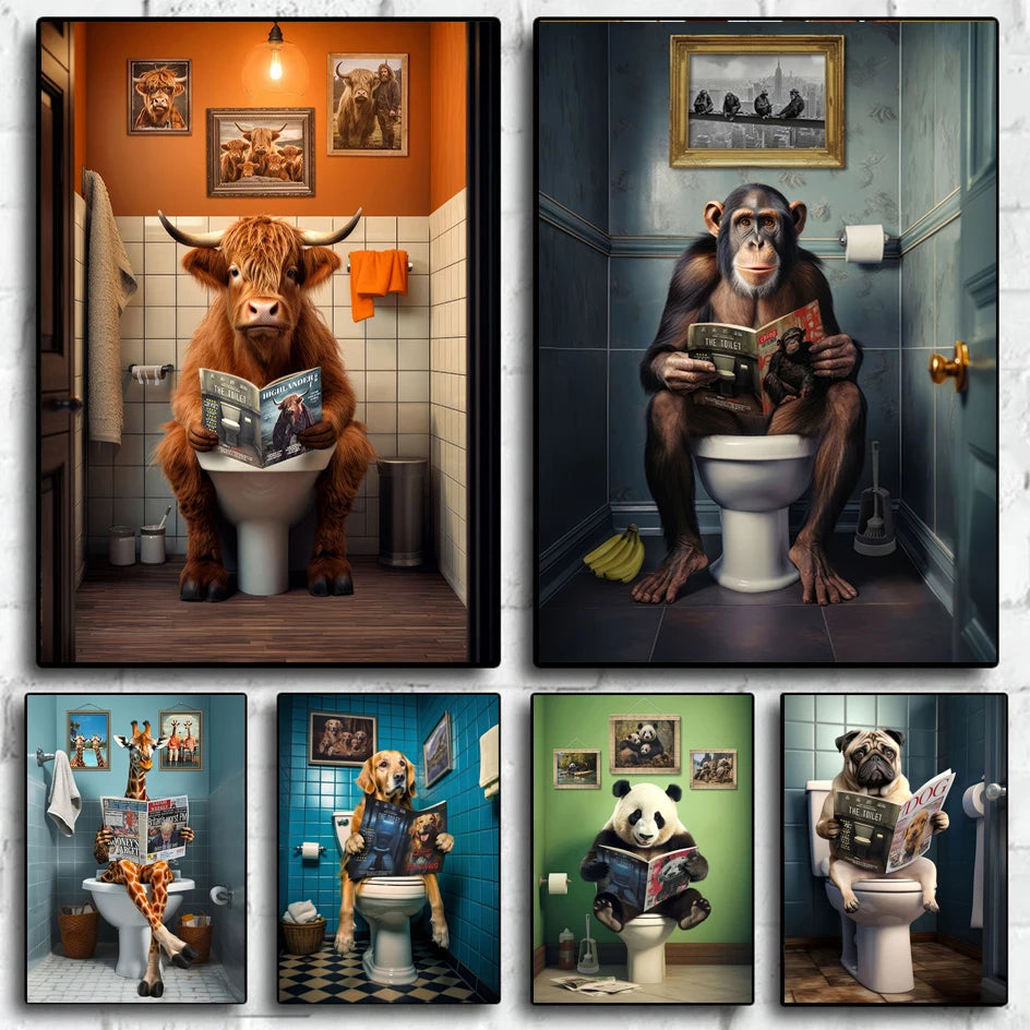 Funny Highland Cow Chimpanzee Dog Poster Toilet Bathroom Decor Animal Reading Newspaper Canvas Painting Wall Art Pictures Home