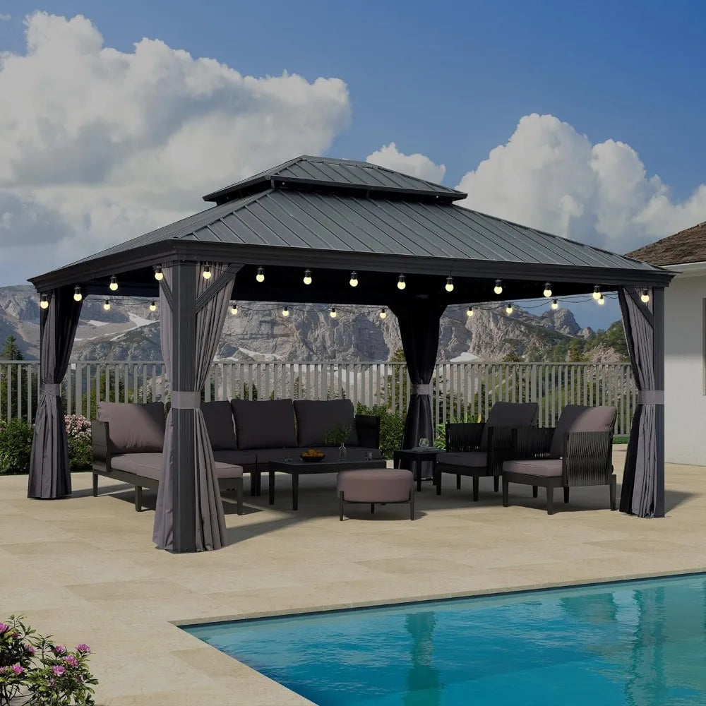 14X20 Permanent Hardtop Gazebo with Galvanized Steel Double Roof for Patio Lawn and Garden, Curtains and Netting Included,Grey