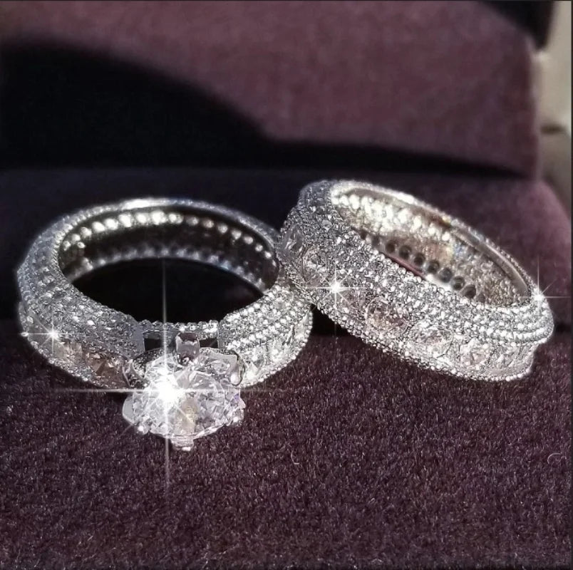 Exquisite Fashion New Design Silver Color Zircon Wedding Ring Set for Women Engagement Finger Anniversary Gift Banquet Jewelry