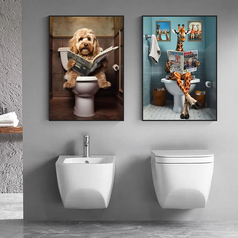 Funny Highland Cow Chimpanzee Dog Poster Toilet Bathroom Decor Animal Reading Newspaper Canvas Painting Wall Art Pictures Home