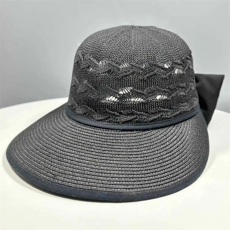 Fashion Korean Version Straw Hat With Hollow And Breathable Sun Hat With Bow Foldable Sunscreen Hat For Women Simple Sun Hat
