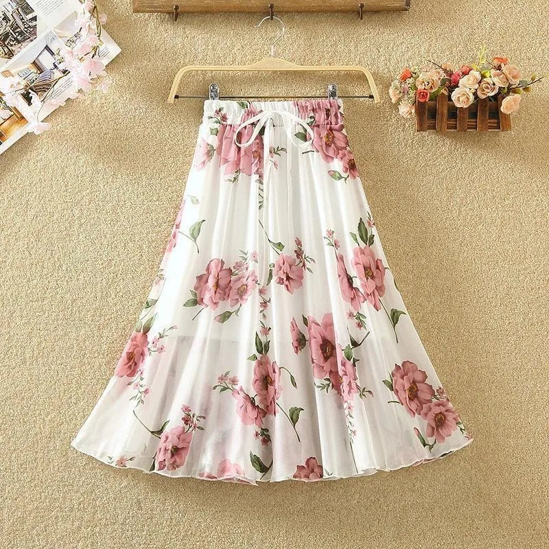 Women Skirt Summer Retro Fashion Beach Harajuku Blue Ink Painting Series Flowers Midskirt Lacing Elastic Waist Female Skirts