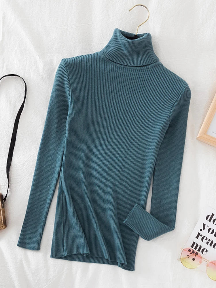 Korean Fashion Turtleneck Women Autumn Winter Pullover Sweater Basic Solid Casual Slim Stretch Ribbed Knitted Top Woman Sweaters