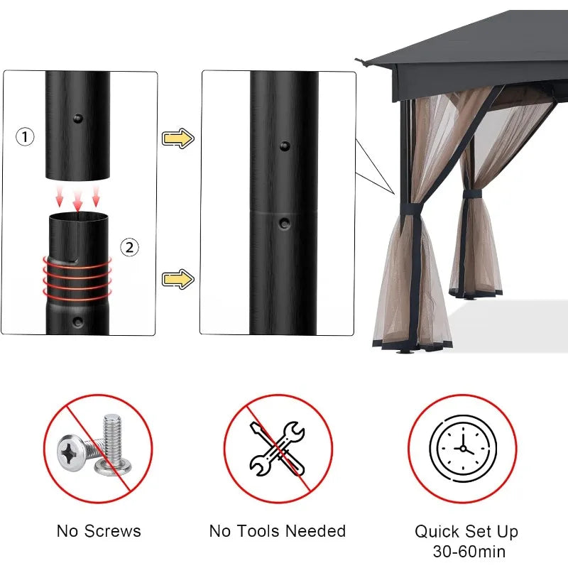 Tool Free Patio Gazebo Screw Free Easy Installation Outdoor Garden Gazebo with Netting Walls (11x11,Gray)