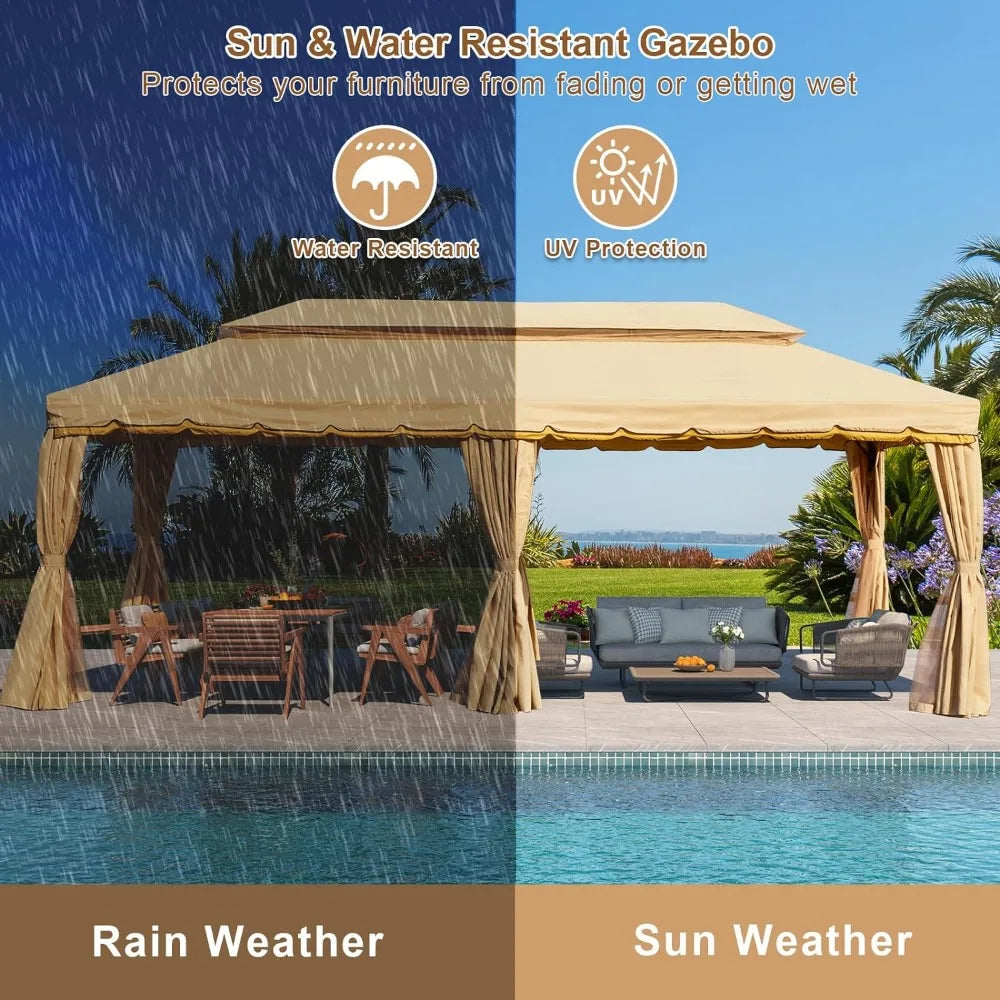 10x20 Gazebo, Double Roof Patio Steel Frame with Netting and Shade Curtains for Outdoor Canopy Garden, Patio Umbrellas Tents