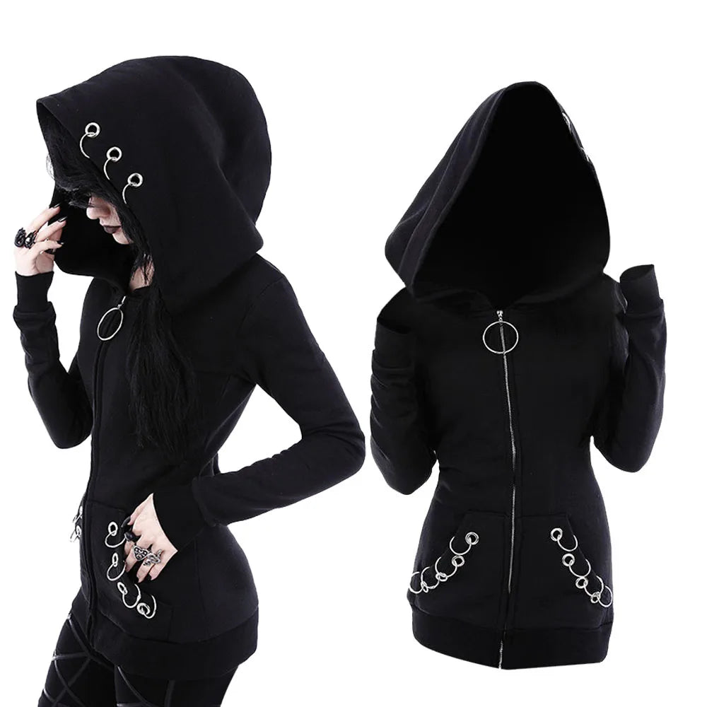 New Arrived Gothic Hooded Coats Black Grommets O-ring Zip Up Pocket Outwears Tops Spring Autumn Wide-waisted Jacket