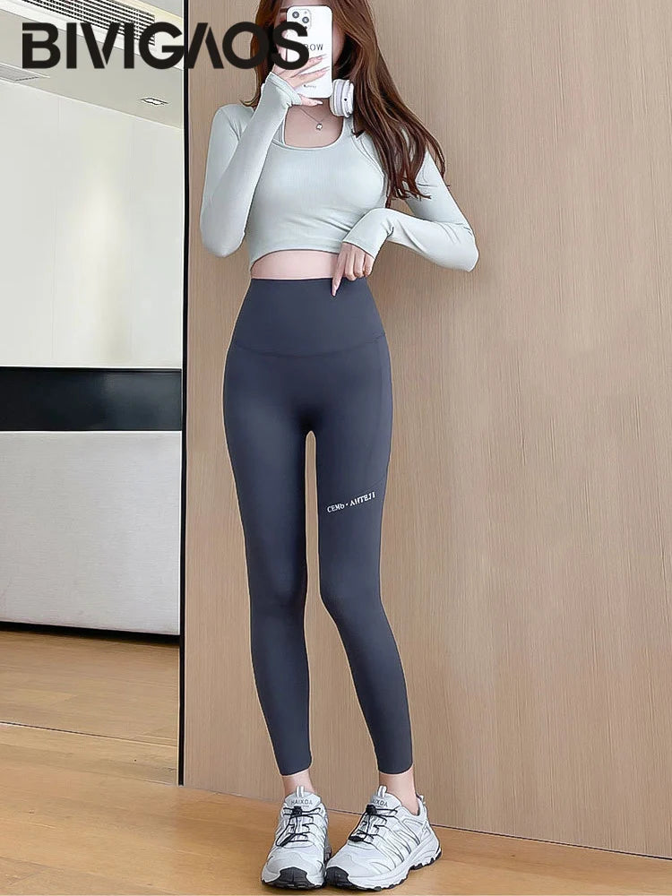 BIVIGAOS Autumn Winter Pocket Phone Shark Leggings Women High Waist Slim-Fit Sport Fitness Leggings Warm Fleece Leggings