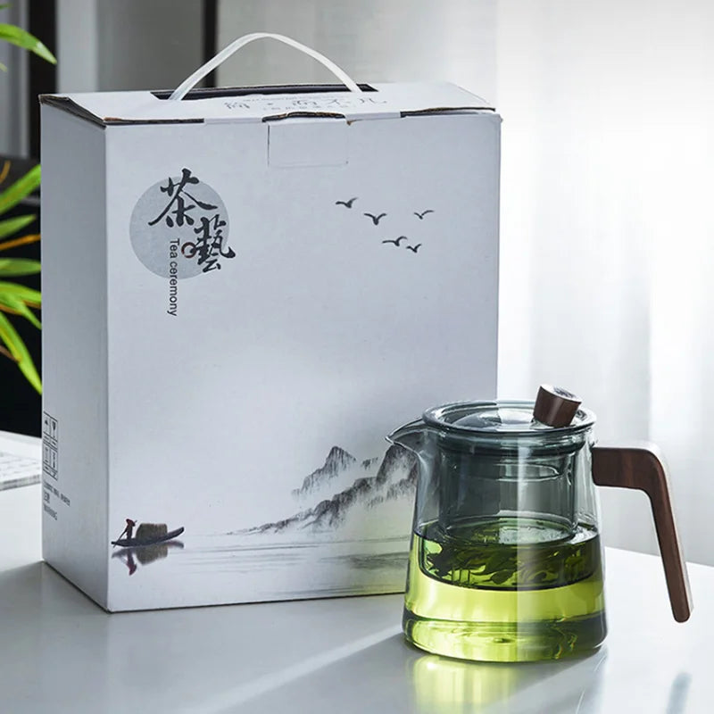 GIANXI Retro Glass Teapot Wood Handle Chinese Tea Ceremony Transparent Teawear Set Cup Filter High Boron Silicon Pot 530ML