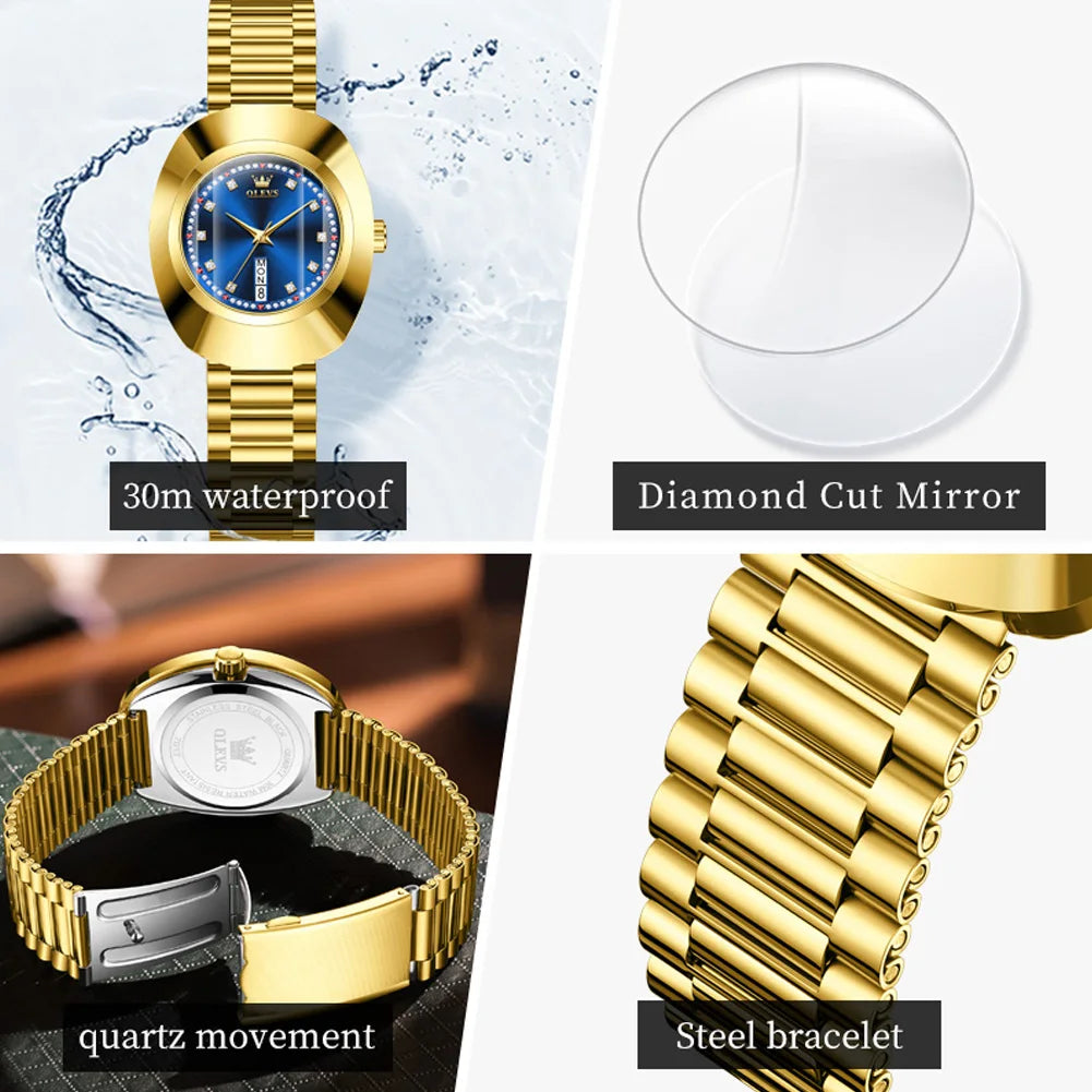 OLEVS Top Brand Women‘s Watches Luxury Gold Blue Original Big Dial Female Wristwatch Wateproof Sungsten Steel Luminous Week Date