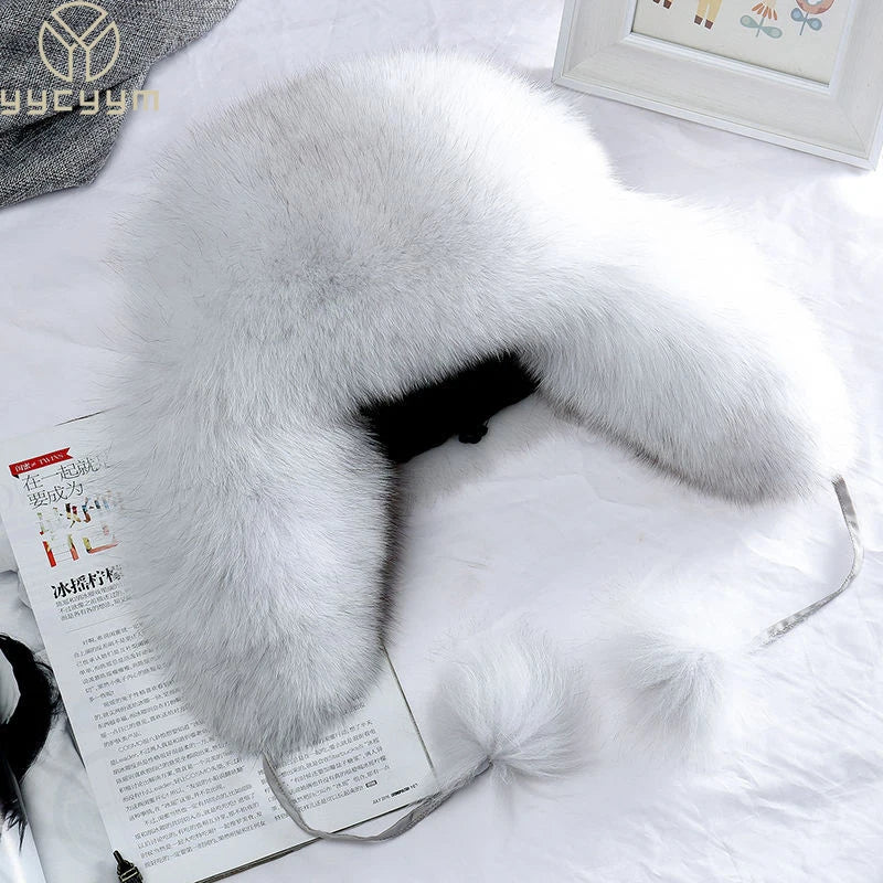 2024 100% Real Fox Fur Hats Women's Russian Ushanka Aviator Trapper Snow Skiing Hat Caps Earflap Winter Raccoon Fur Bomber Hat