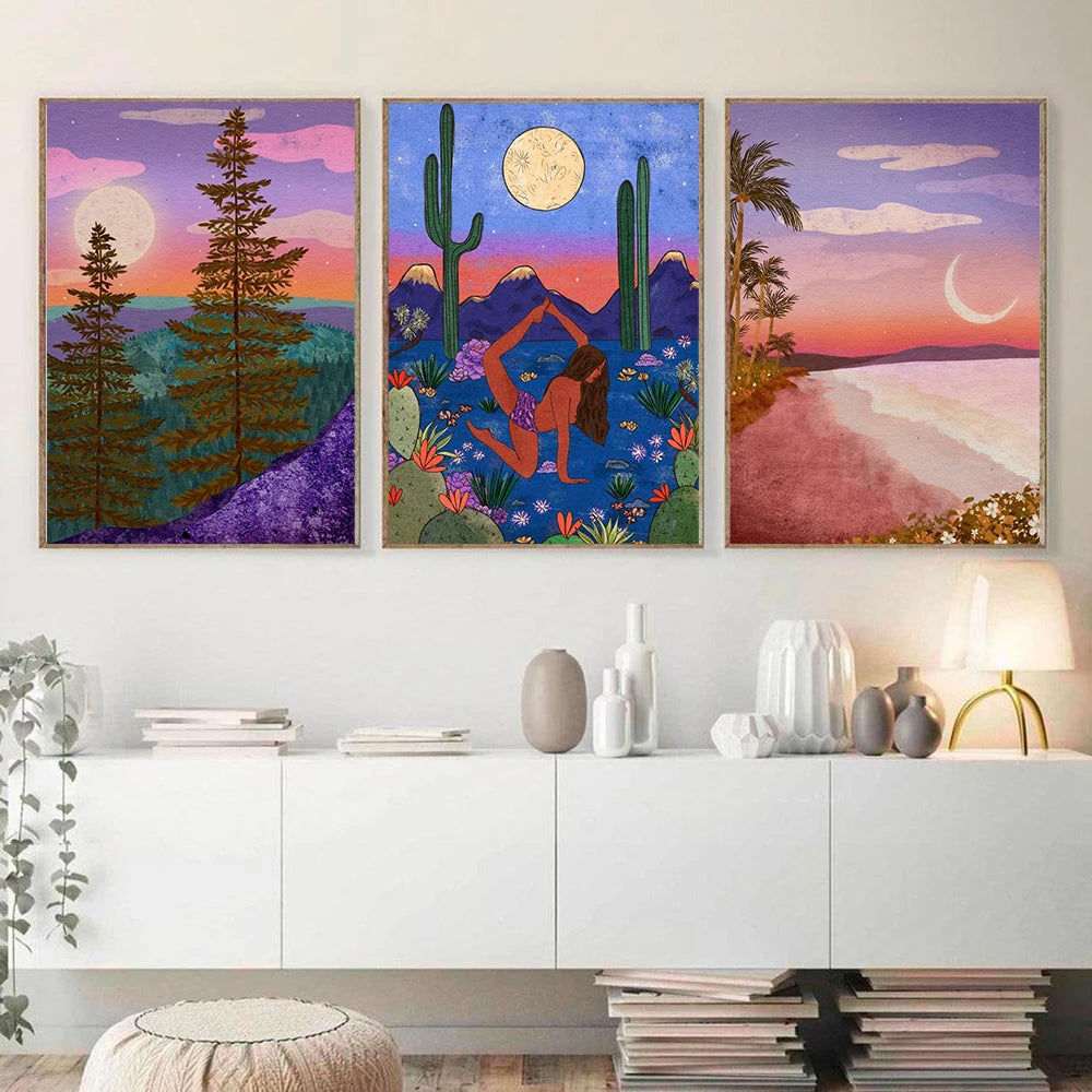 Boho Yoga Women Mystic Woods Wall Art Beach Moon Canvas Painting Nordic Posters And Prints Wall Pictures For Living Room Decor