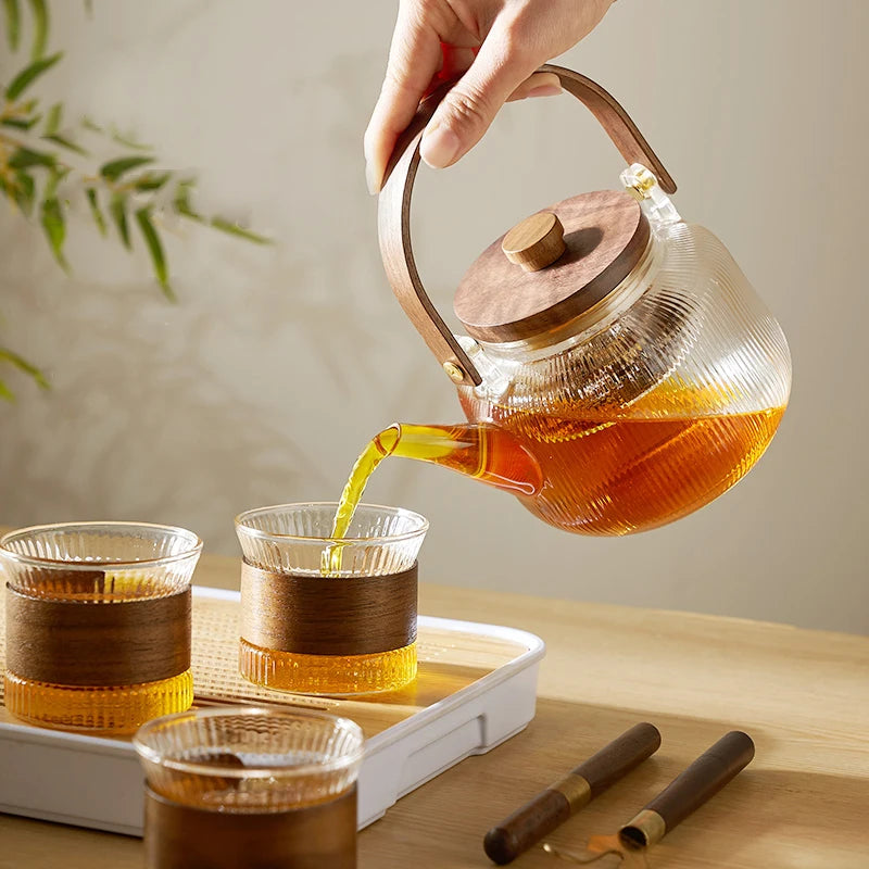 GIANXI Glass Tea Pot With Wooden Handle And Wooden Cover Stainless Steel Filter Steaming Of Tea Set Transparent Glass Teapot