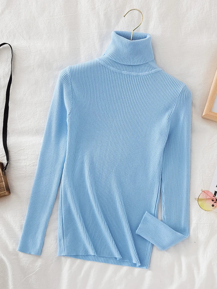 Korean Fashion Turtleneck Women Autumn Winter Pullover Sweater Basic Solid Casual Slim Stretch Ribbed Knitted Top Woman Sweaters