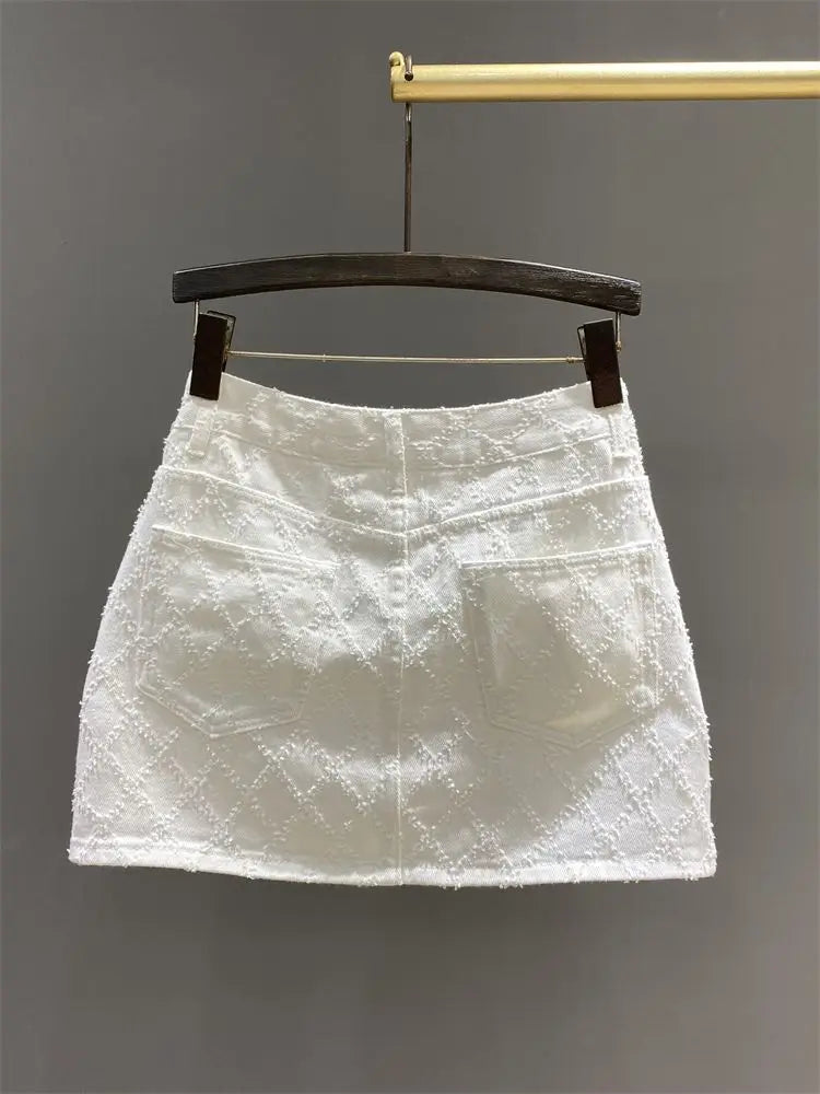Summer New Diamond Plaid White Denim Skirt Women's High Waist Slimming A- line Anti-Exposure Hot Girl Sheath Skirt