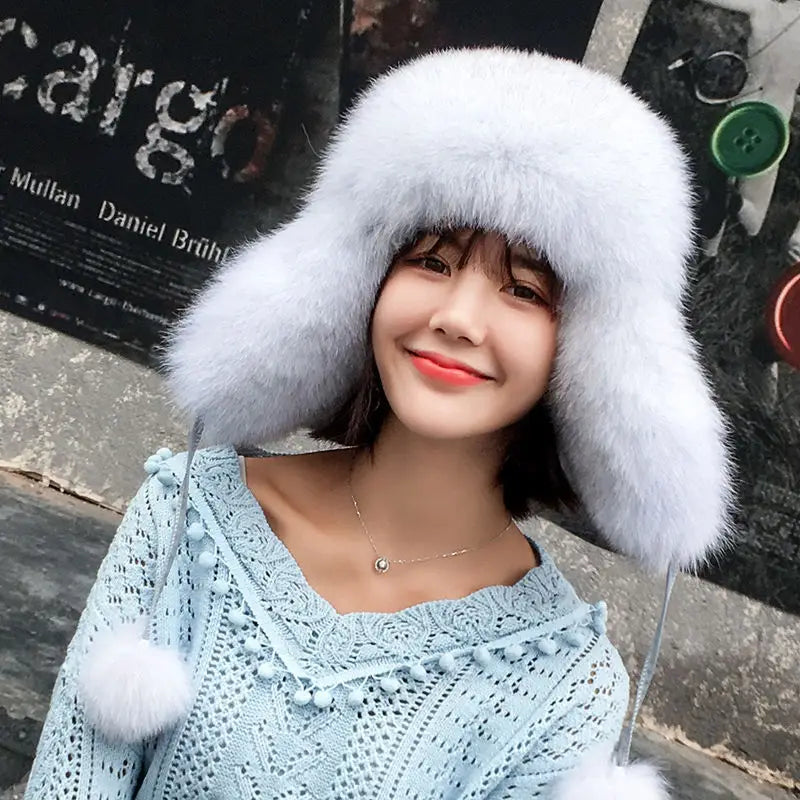 2024 100% Real Fox Fur Hats Women's Russian Ushanka Aviator Trapper Snow Skiing Hat Caps Earflap Winter Raccoon Fur Bomber Hat
