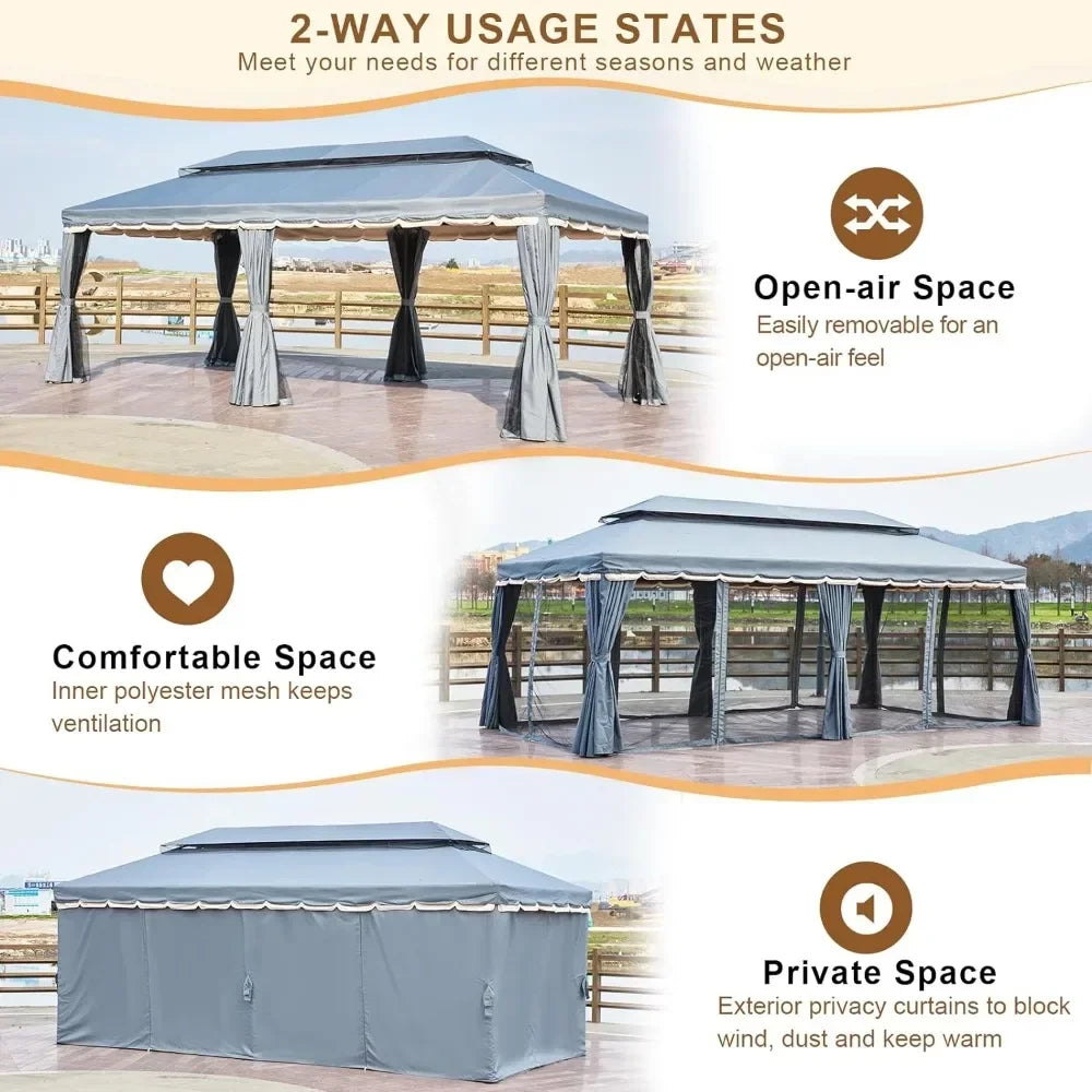 10x20 Gazebo, Double Roof Patio Gazebos Steel Frame with Netting and Shade Curtains for Outdoor Canopy Garden, Patio Gazebo