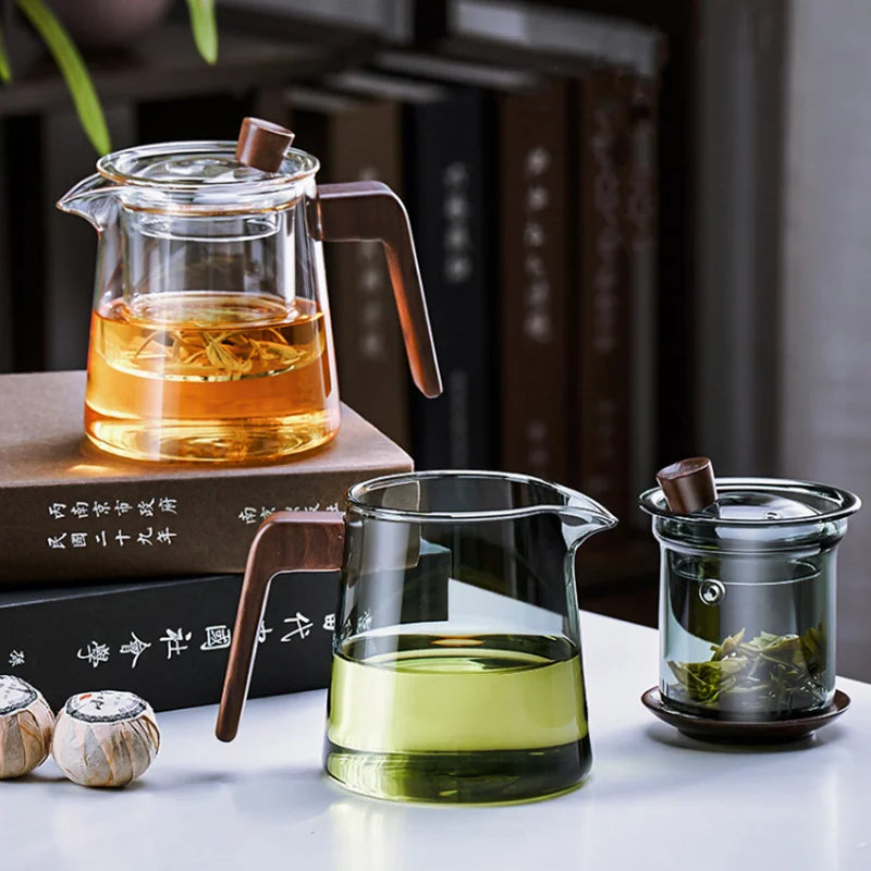 GIANXI Retro Glass Teapot Wood Handle Chinese Tea Ceremony Transparent Teawear Set Cup Filter High Boron Silicon Pot 530ML