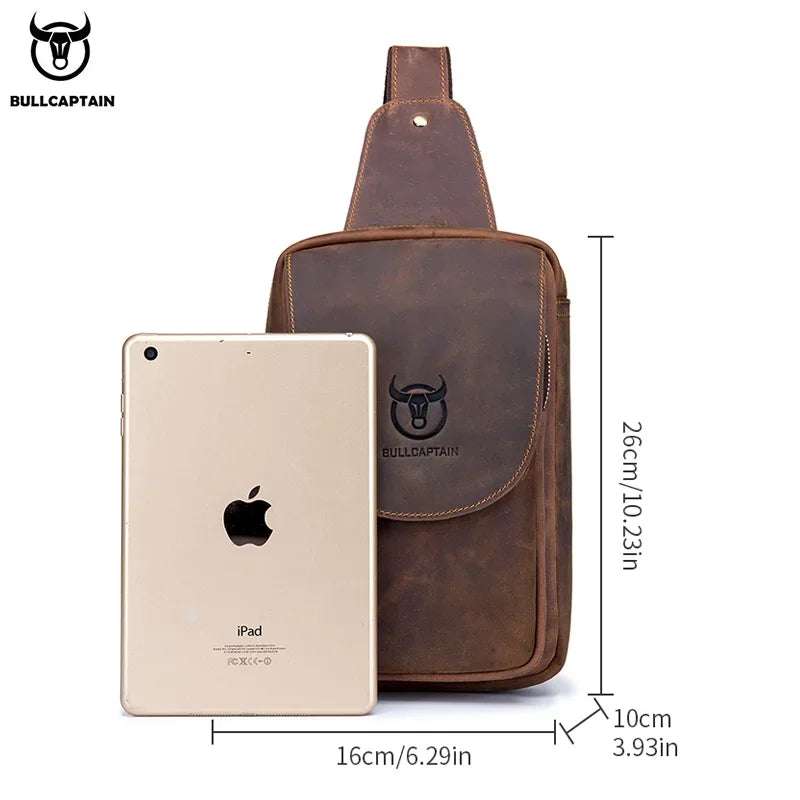 BULLCAPTAIN Men's Crossbody Bags Crazy Horse Leather Chest Bag's Leather Crossbody Bages Retro Men's Zip Pocket Short Travel Bag