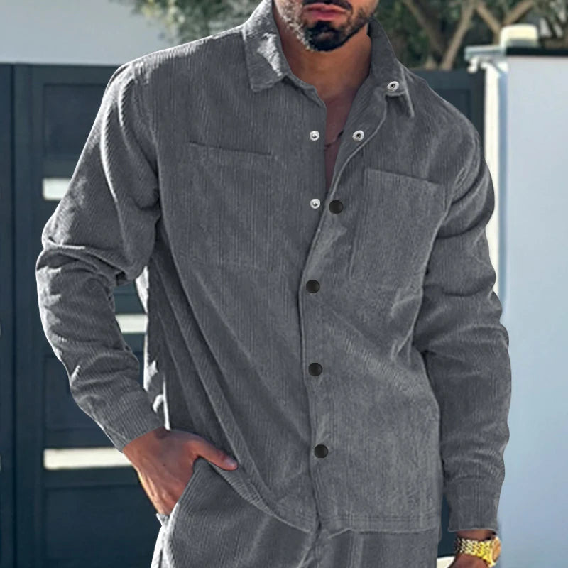 European and American men's oversized multi pocket corduroy casual button work jacket with a lapel collar