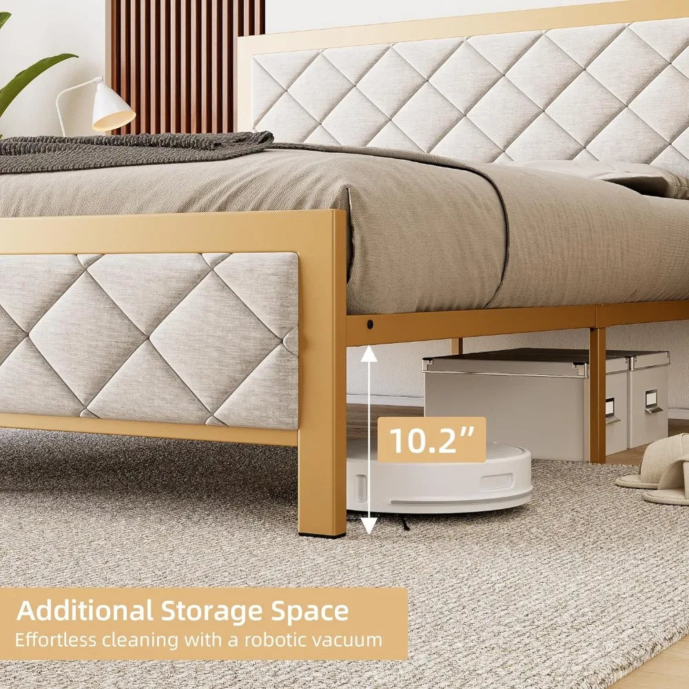 Full-size bed frame, metal bed frame with padded velvet headboard, non-slip and noiseless, platform bed frame with steel slats