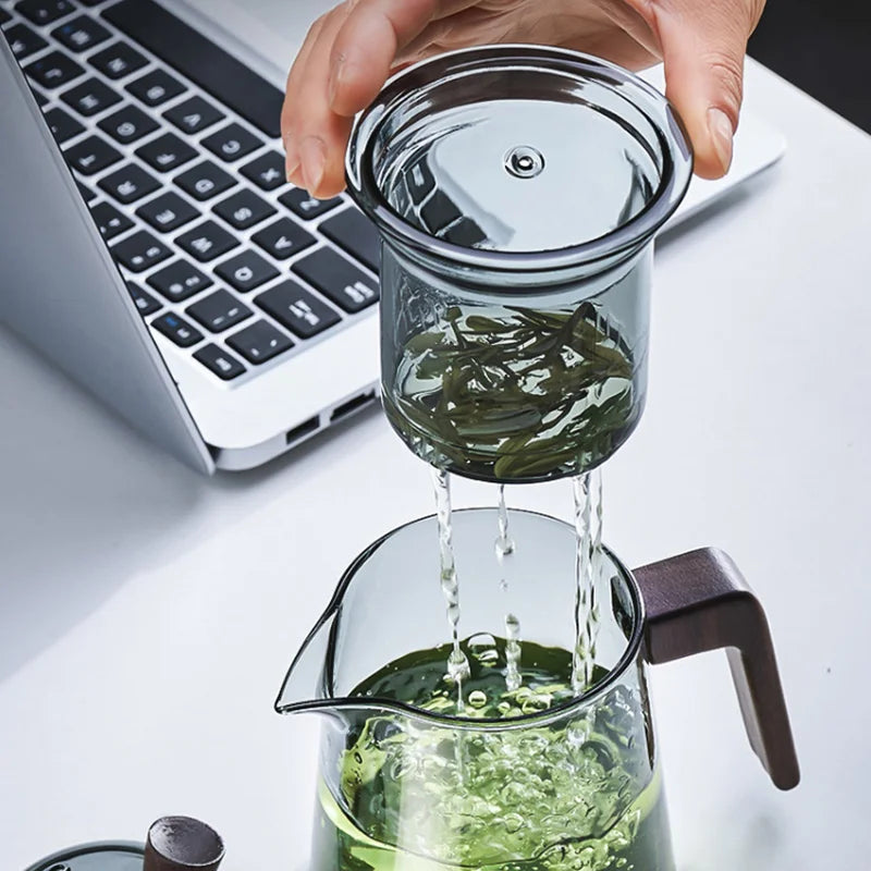 GIANXI Retro Glass Teapot Wood Handle Chinese Tea Ceremony Transparent Teawear Set Cup Filter High Boron Silicon Pot 530ML