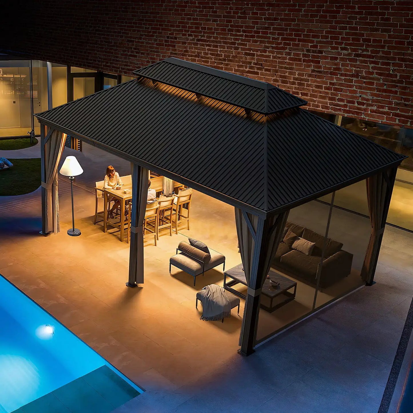 12x20 Ft Hardtop Gazebo with Netting and Curtains Heavy Duty Double Roof Galvanized Steel Outdoor Combination for Patio Deck