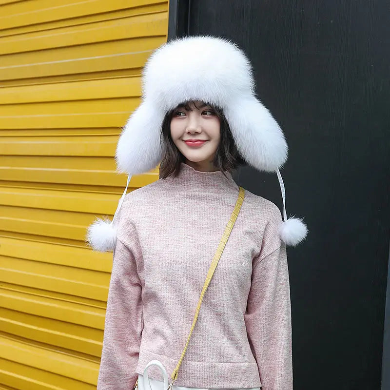 2024 100% Real Fox Fur Hats Women's Russian Ushanka Aviator Trapper Snow Skiing Hat Caps Earflap Winter Raccoon Fur Bomber Hat