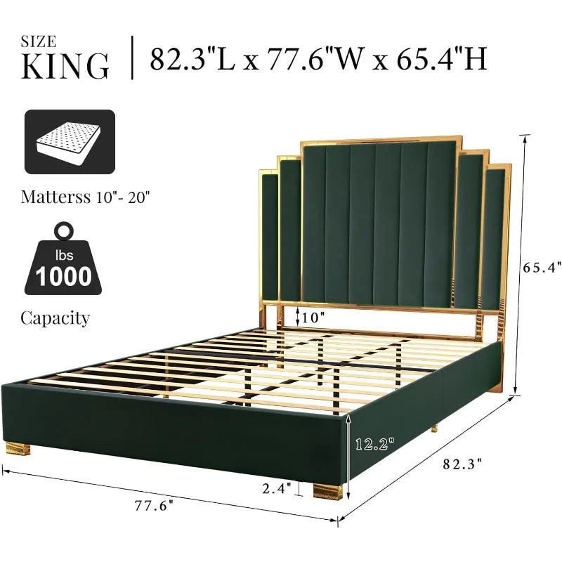 Albott King Size Platform Bed Frame, 65" Velvet Upholstered Bed with Gold Trim Headboard/Wooden Slats/No Box Spring Needed/Green