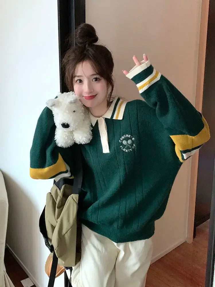 Deeptown Preppy Style Sweaters Women Kawaii Sweet Knitted Pullovers Korean Fashion Autumn Winter Long Sleeve Patchwork Sweaters