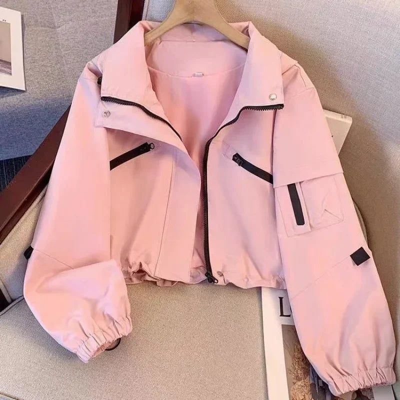 Spring Autumn 2024 New Sensibility Cropped Jacket Top Casual Loose-fit Hooded Trendy Design Fashion Outerwear