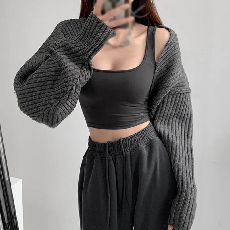 Retro Solid Color Loose Fitting Fashionable And Sexy Short knitted Long Sleeved Cardigan Jacket