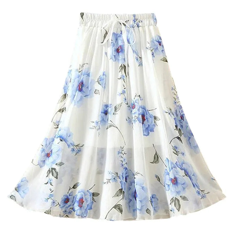 Women Skirt Summer Retro Fashion Beach Harajuku Blue Ink Painting Series Flowers Midskirt Lacing Elastic Waist Female Skirts