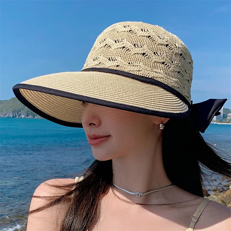 Fashion Korean Version Straw Hat With Hollow And Breathable Sun Hat With Bow Foldable Sunscreen Hat For Women Simple Sun Hat