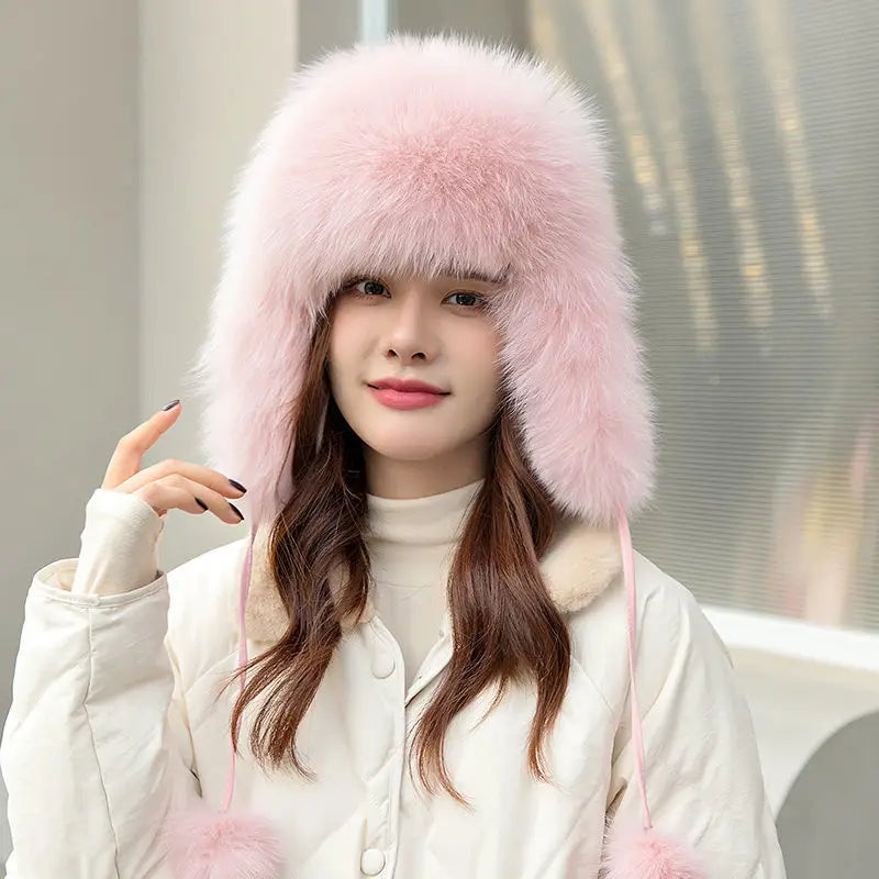 2024 100% Real Fox Fur Hats Women's Russian Ushanka Aviator Trapper Snow Skiing Hat Caps Earflap Winter Raccoon Fur Bomber Hat