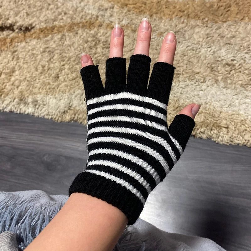 1Pair Unisex Black Stripes Half Finger Fingerless Gloves for Women Wool Knit Wrist Cotton Gloves Winter Warm Men Workout Gloves