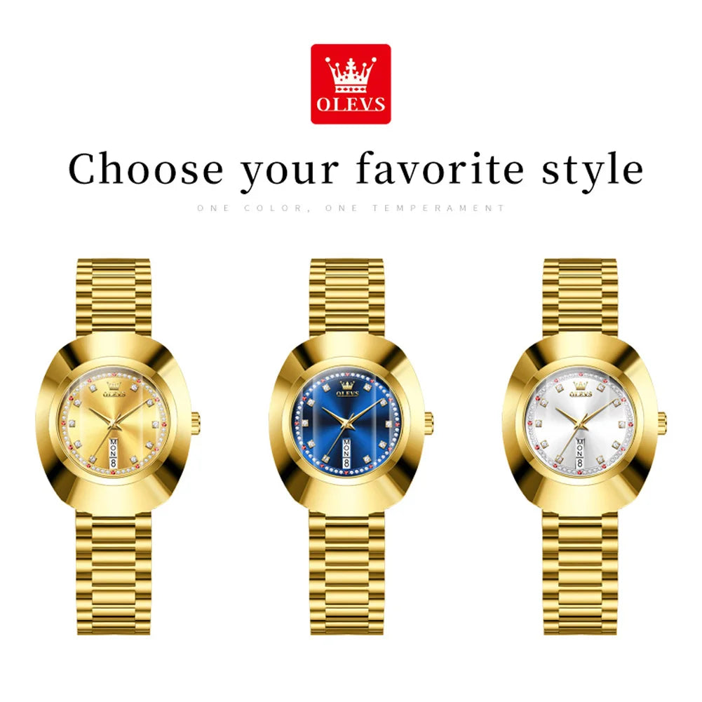 OLEVS Top Brand Women‘s Watches Luxury Gold Blue Original Big Dial Female Wristwatch Wateproof Sungsten Steel Luminous Week Date