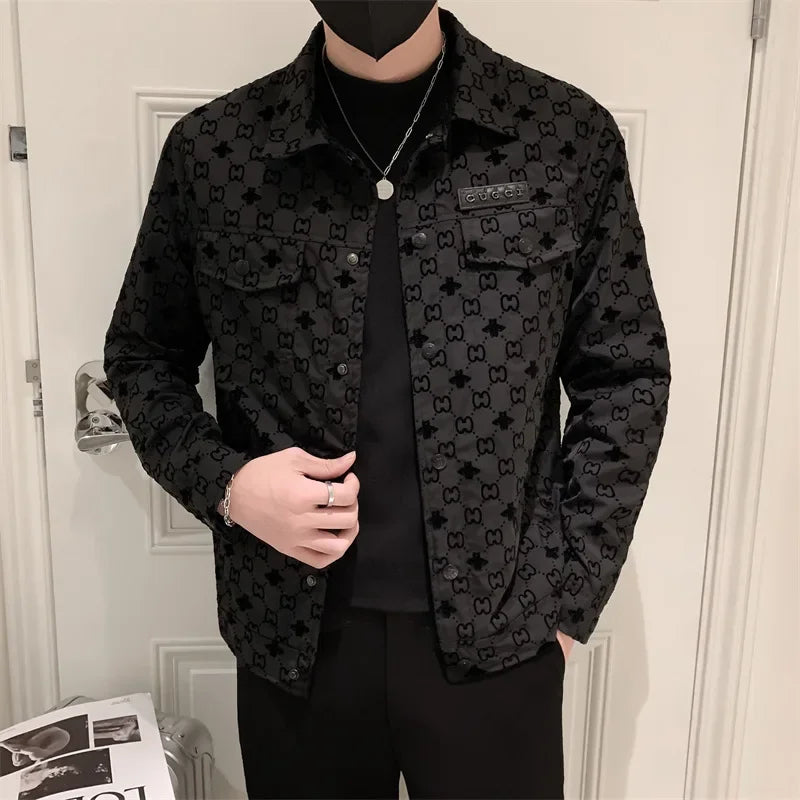 Stylish Embroidered Lapel Double Pocket Jacket Autumn Fashion Trendy Brand Jacket Hip Hop Classic Top For Men Casual Wear