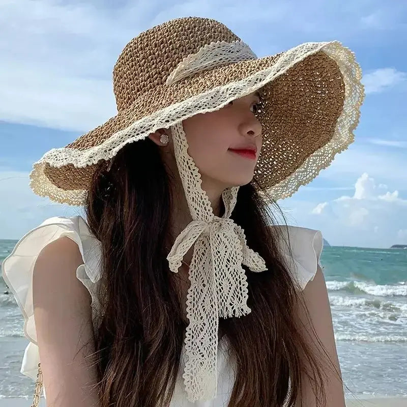 Straw Hat Women Fresh Handmade Fisherman Hat Spell Color Raw Edge Sunshade Hat Korean Version Simple Sunscreen Sun Hat Vacation